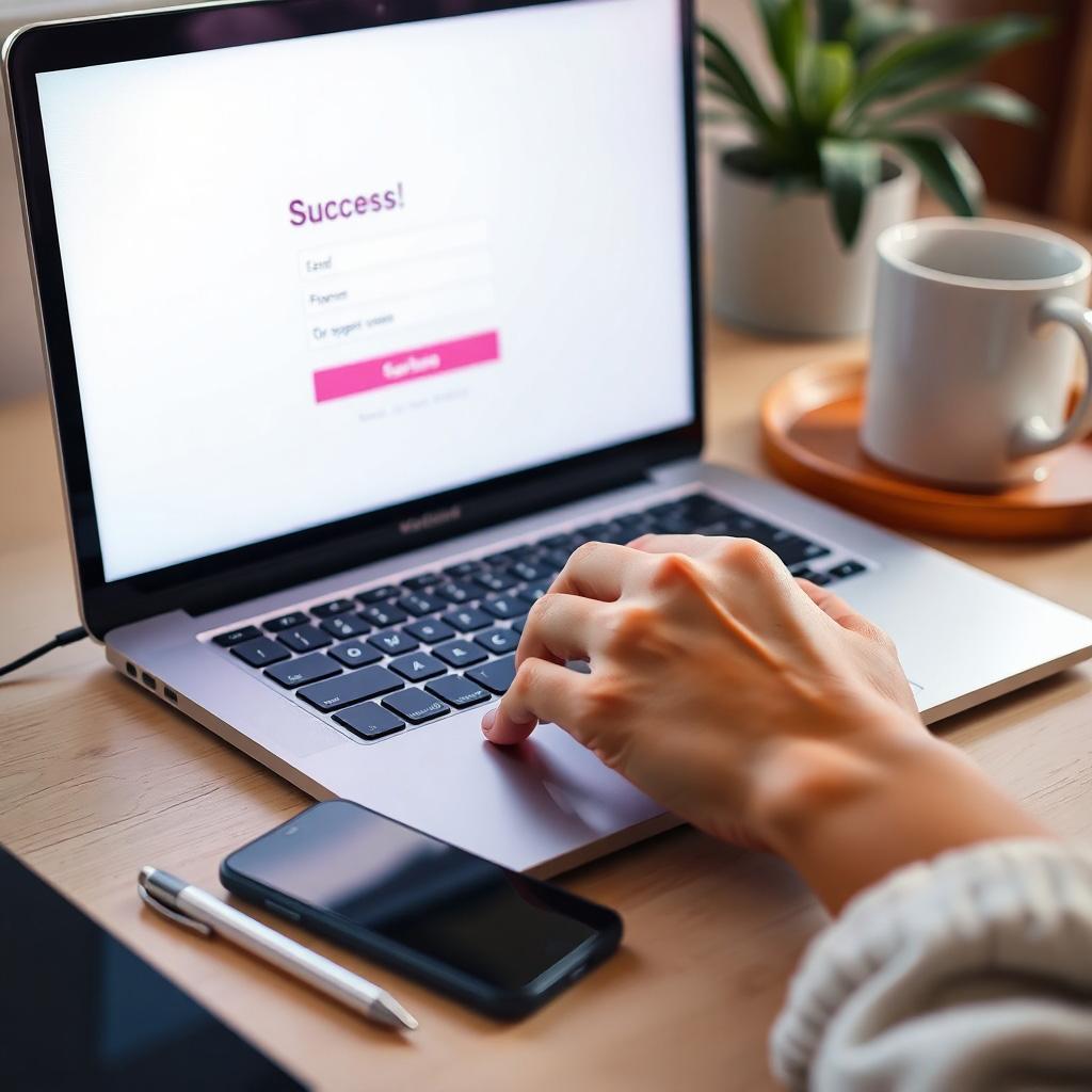 A person’s hand submitting an online form on a laptop (no face shown).
Screen shows a successful submission or “Apply Now” page.
Desk has a phone, pen, and maybe a coffee mug — casual and neat.