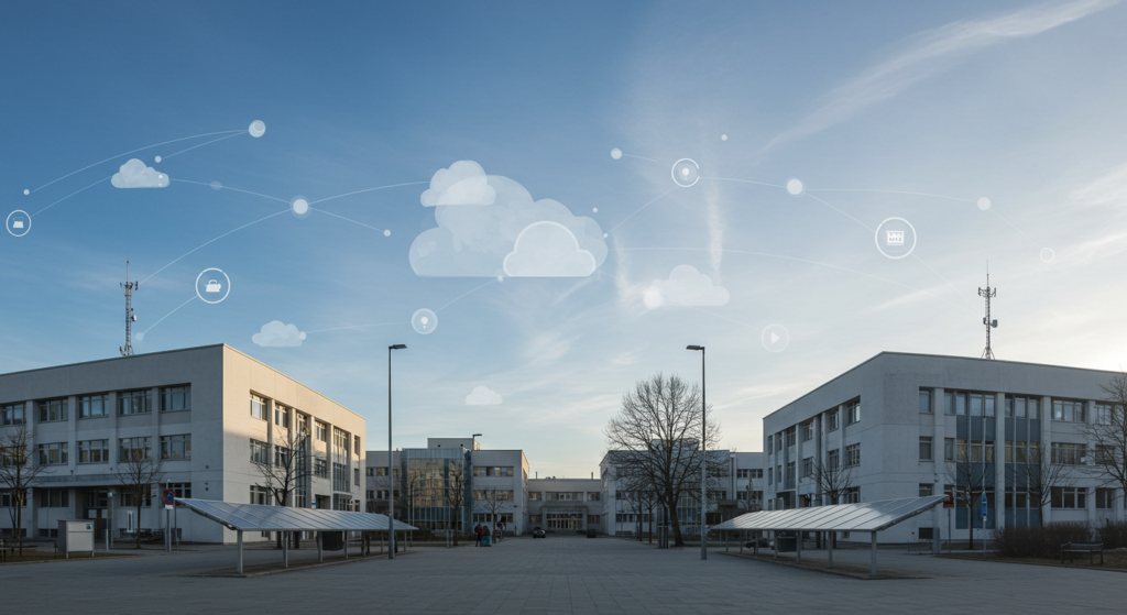Campus view with cloud technology icons representing moderni education infrastructure.