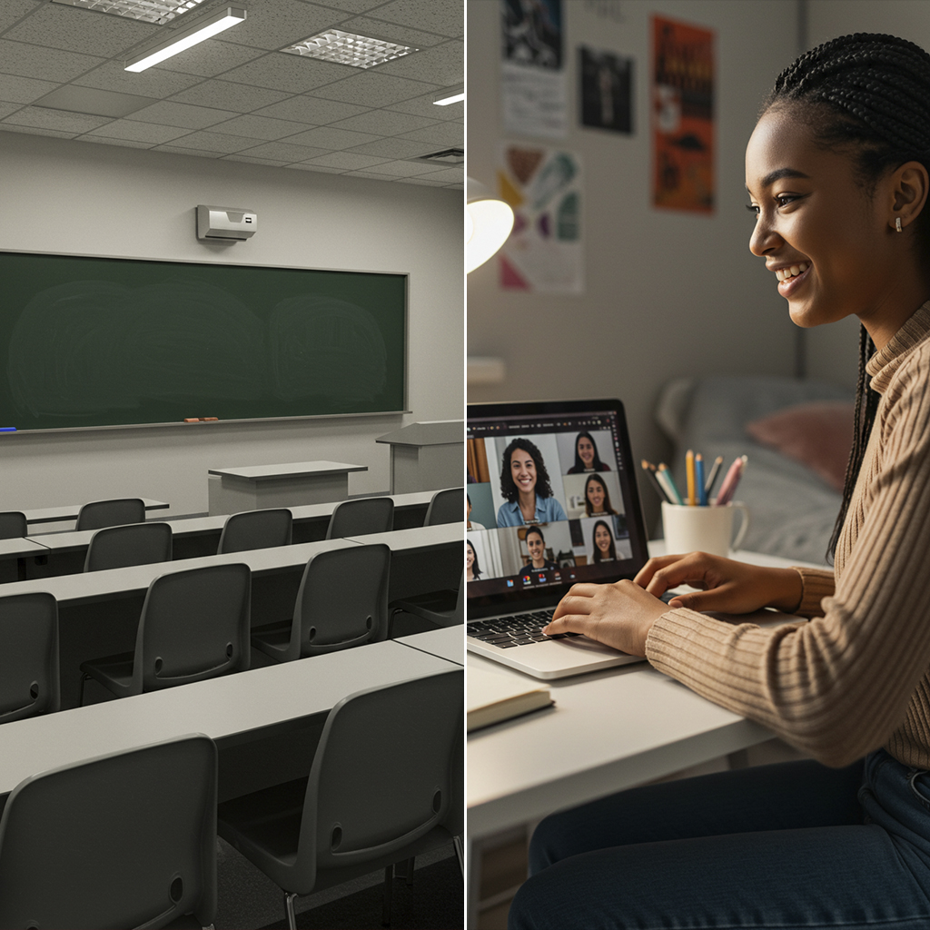Comparison of empty classroom and student learning online showing moderni education infrastructure