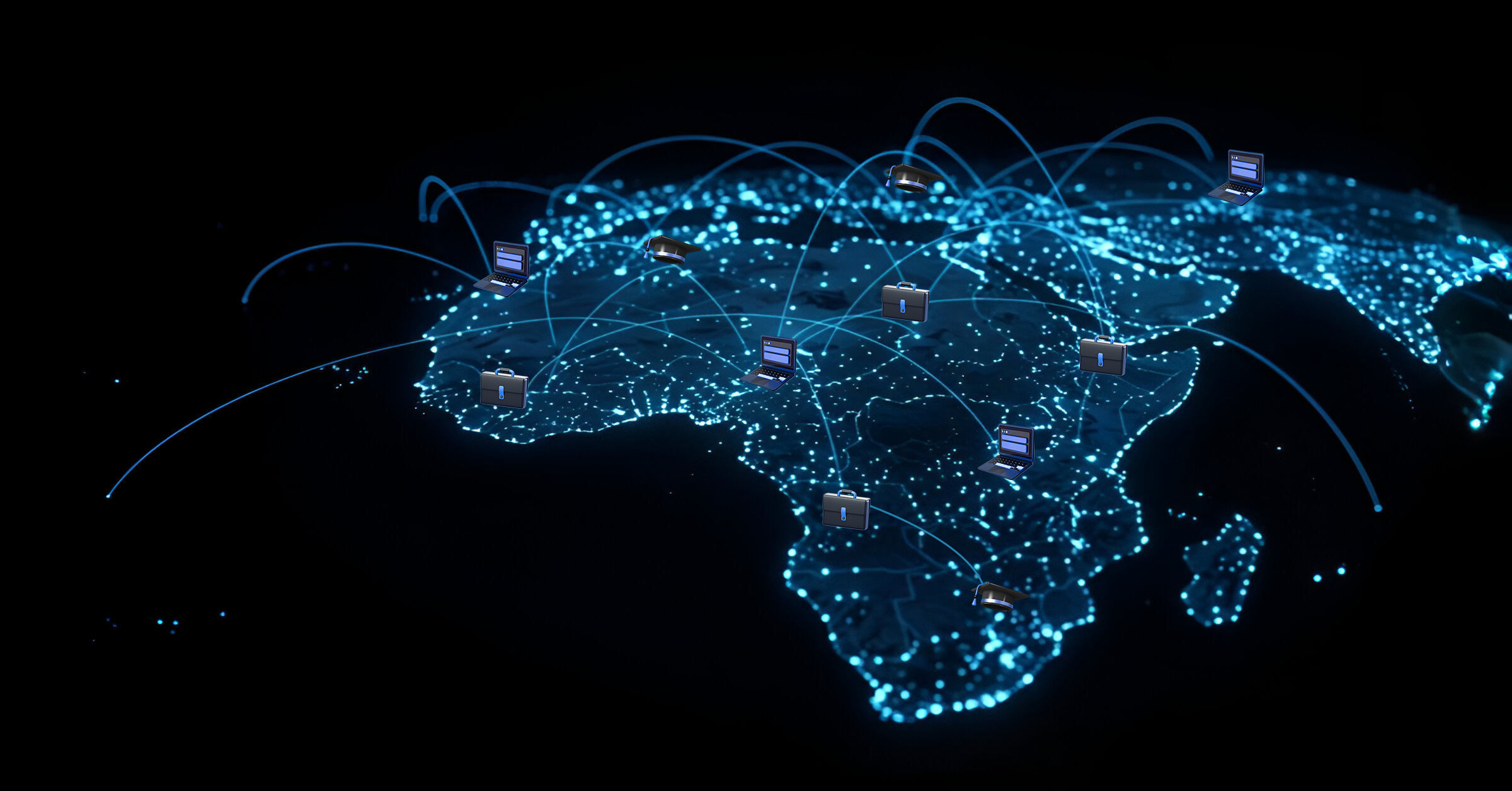 Digital map of Africa showing laptops, briefcases, and headsets connected by data lines, symbolizing global access to Online Graduate Programs.