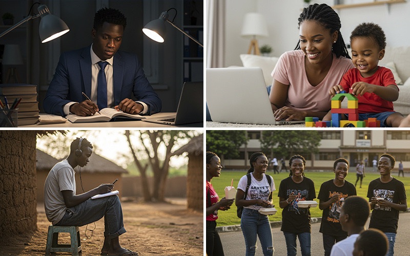 Different students benefiting from Online Degrees in Nigeria—working professionals, parents, and remote learners