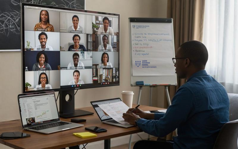 Student participating in a virtual group session with multiple peers on screen, showcasing interactive learning in Online Graduate Programs.