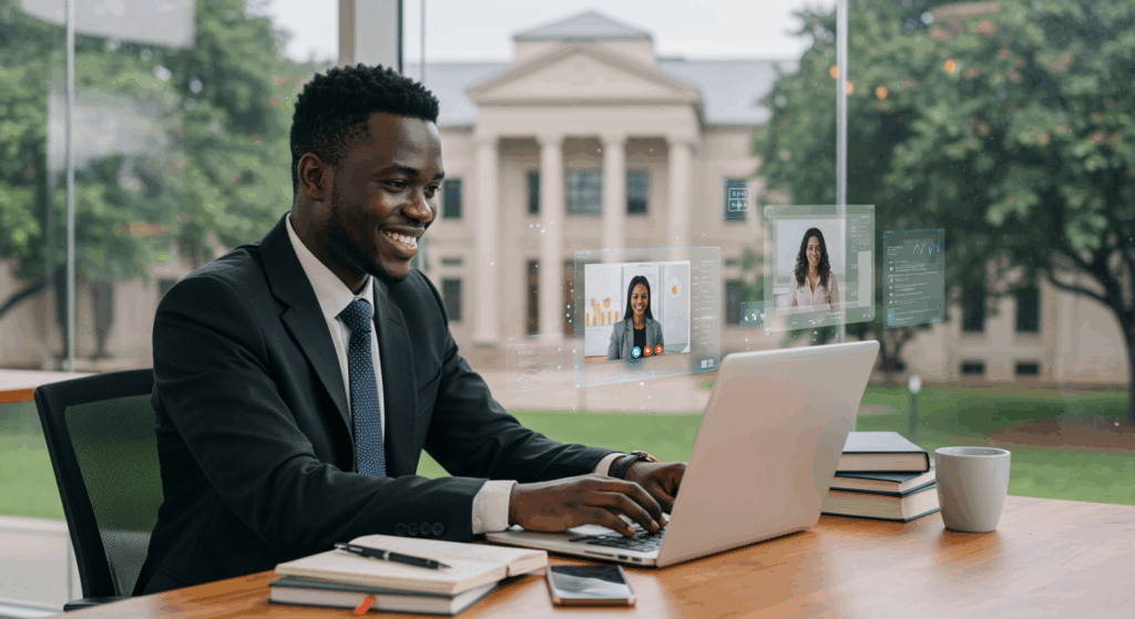Smiling man in formal wear attending a virtual class on a laptop with digital screens, representing real-time learning through Online Graduate Programs.
