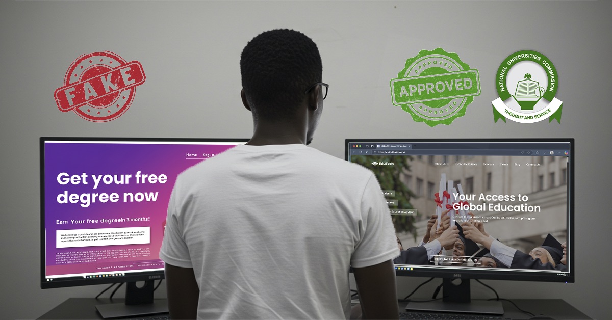 A man comparing two websites on dual monitors—one promoting a suspicious “free degree” offer and the other showing an NUC-approved education site, highlighting the risk of fake online universities in Nigeria.