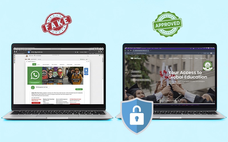 Side-by-side comparison of a fake online university in Nigeria with a suspicious WhatsApp ad and an approved, NUC-accredited education website, highlighting how to avoid scams.