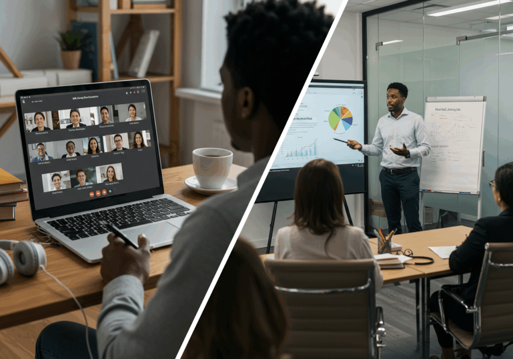 Comparison of distance learning through virtual meetings and traditional classroom teaching with presentations.
