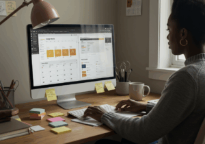 Student managing schedule on a computer during a distance learning session from home.