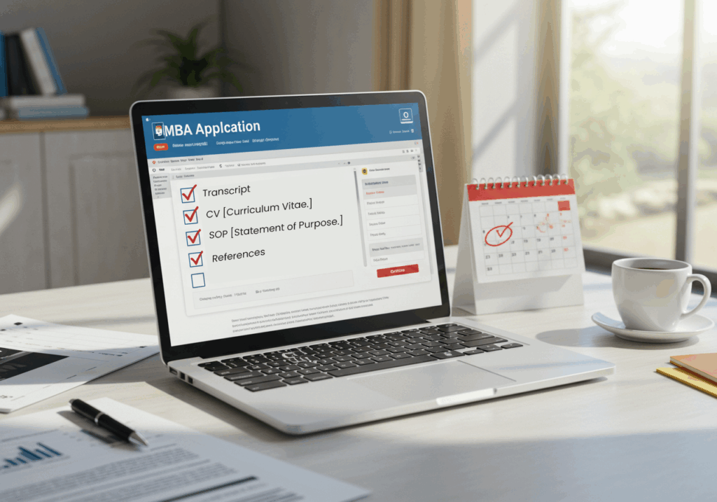 Online MBA application form on laptop screen showing checklist items like transcript, CV, SOP, and references on a study desk in Nigeria.