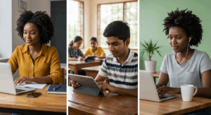 Students using laptops and tablets for e-learning in different settings, highlighting digital education access in emerging markets.