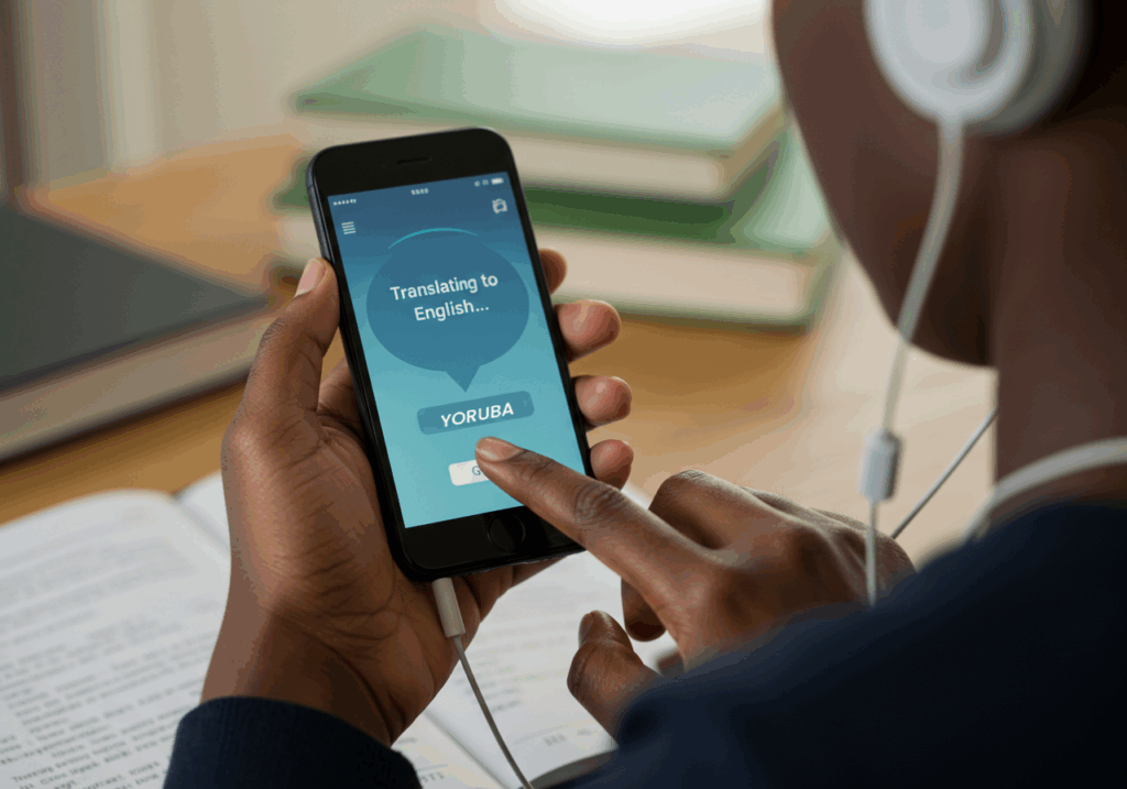 Student using AI tutoring app for language translation on a smartphone.