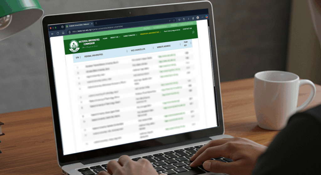 Student checking official NUC approved institutions list on laptop