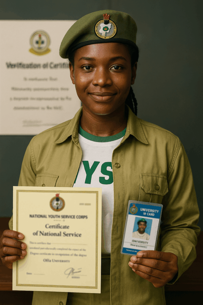 Female graduate holding NYSC certificate from NUC approved institutions in Nigeria