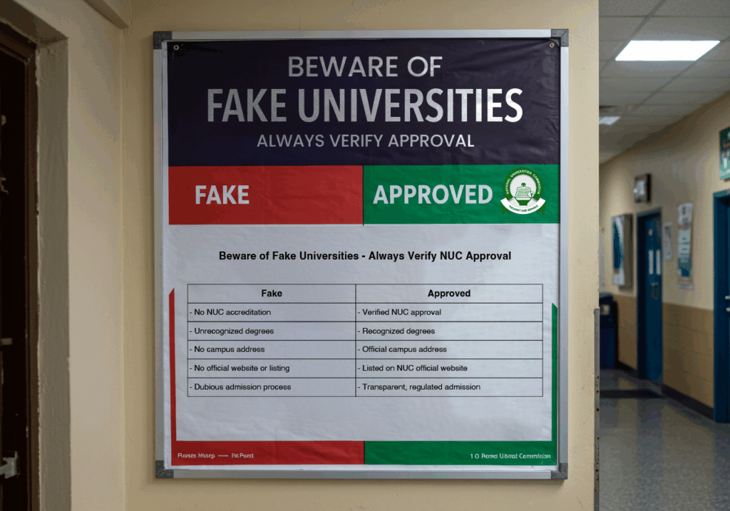 wareness poster showing fake universities and NUC approved institutions in Nigeria