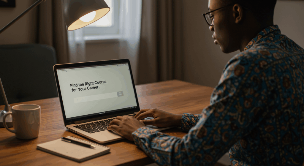 A person sitting at a desk using a laptop to search for the right course for career goals, with a search bar visible on the screen.