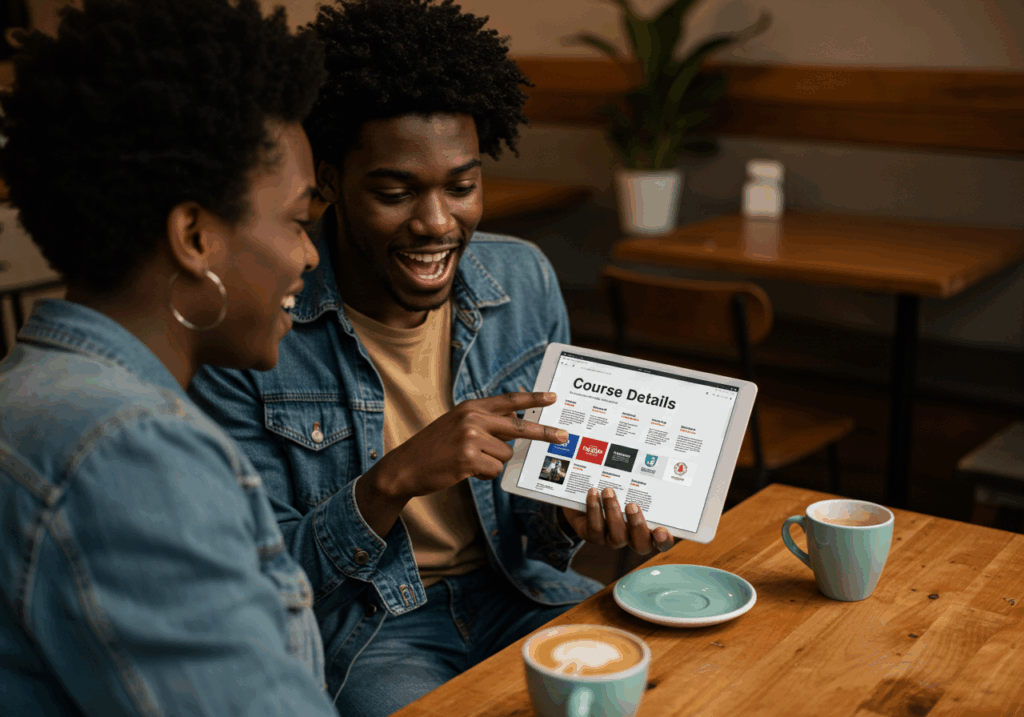 Two people in a café looking at a tablet screen showing course details, discussing the right course for career goals over coffee.