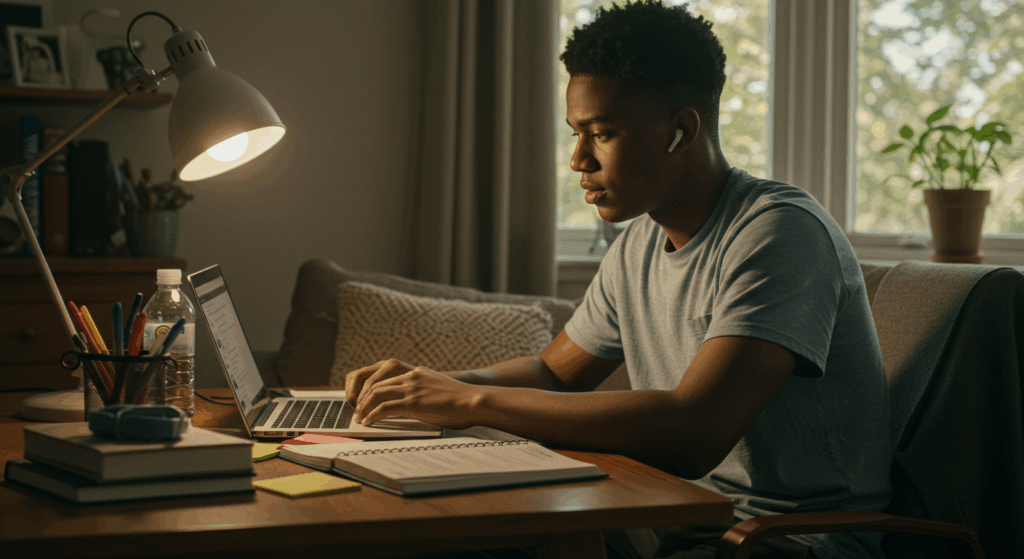 A student studying late at night with a laptop, desk lamp, and notebooks, showing strategies to stay motivated during online degree programs.