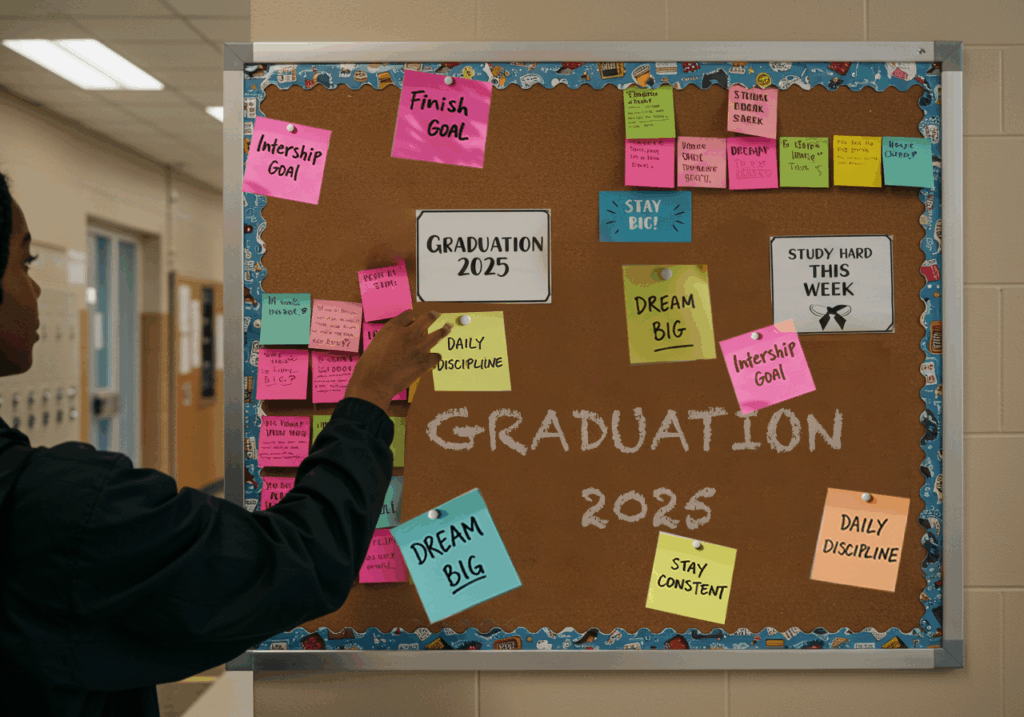 A bulletin board filled with colorful sticky notes and goals for graduation, symbolizing ways to stay motivated during online degree studies.