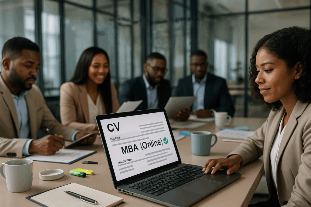 Team reviewing a CV with MBA Online on a laptop screen, highlighting the impact of online degree recognition in job applications.
