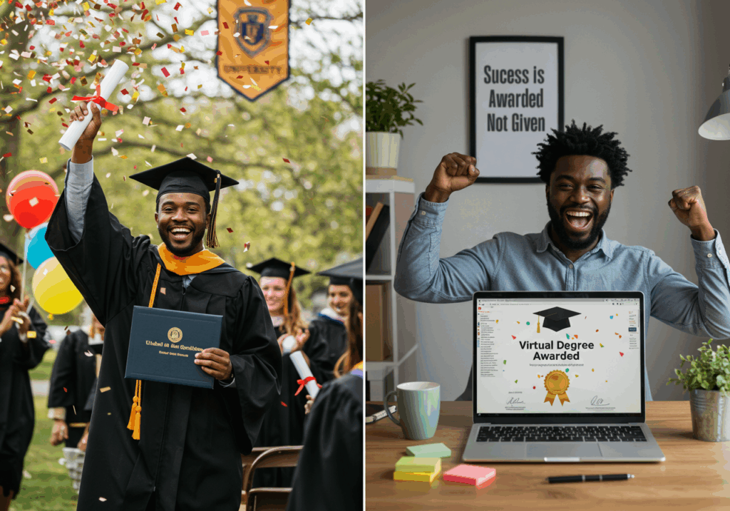 Graduates celebrating with diplomas and a person cheering in front of a computer for virtual graduation, showing online degree recognition and success.