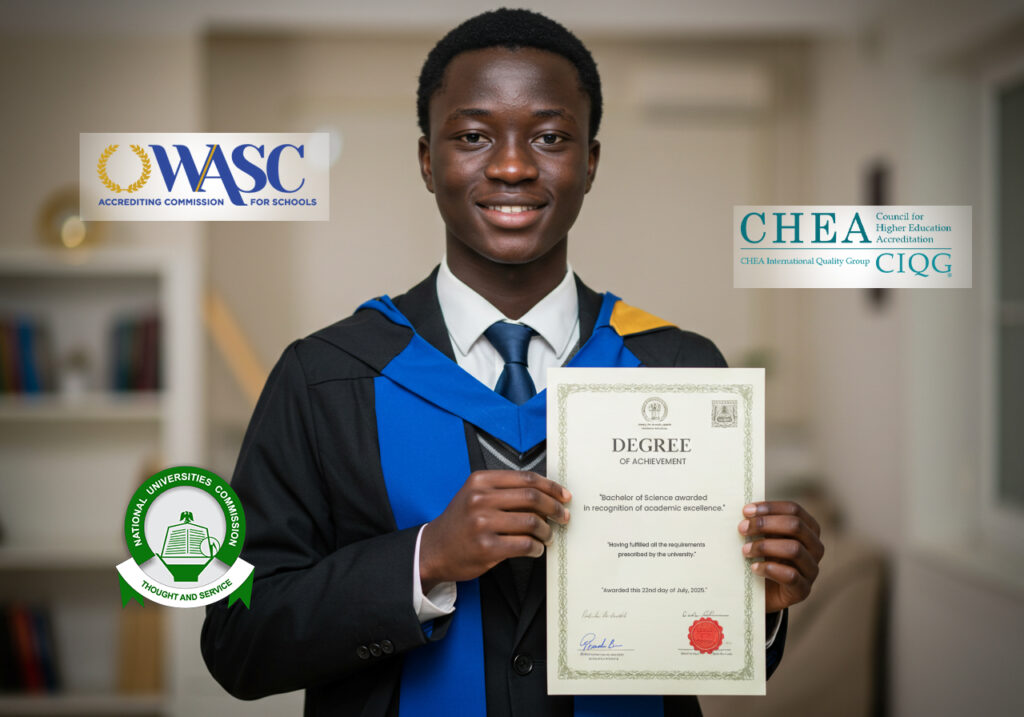 Happy graduate proudly holding his degree certificate, symbolizing successful completion of degree programs without JAMB, with accreditation logos in the background.
