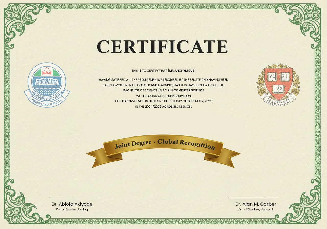 Certificate awarded for Joint Degree Programs between University of Lagos and Harvard University