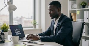 Man studying business strategy on a laptop as part of Part-Time Degree Programs in Nigeria
