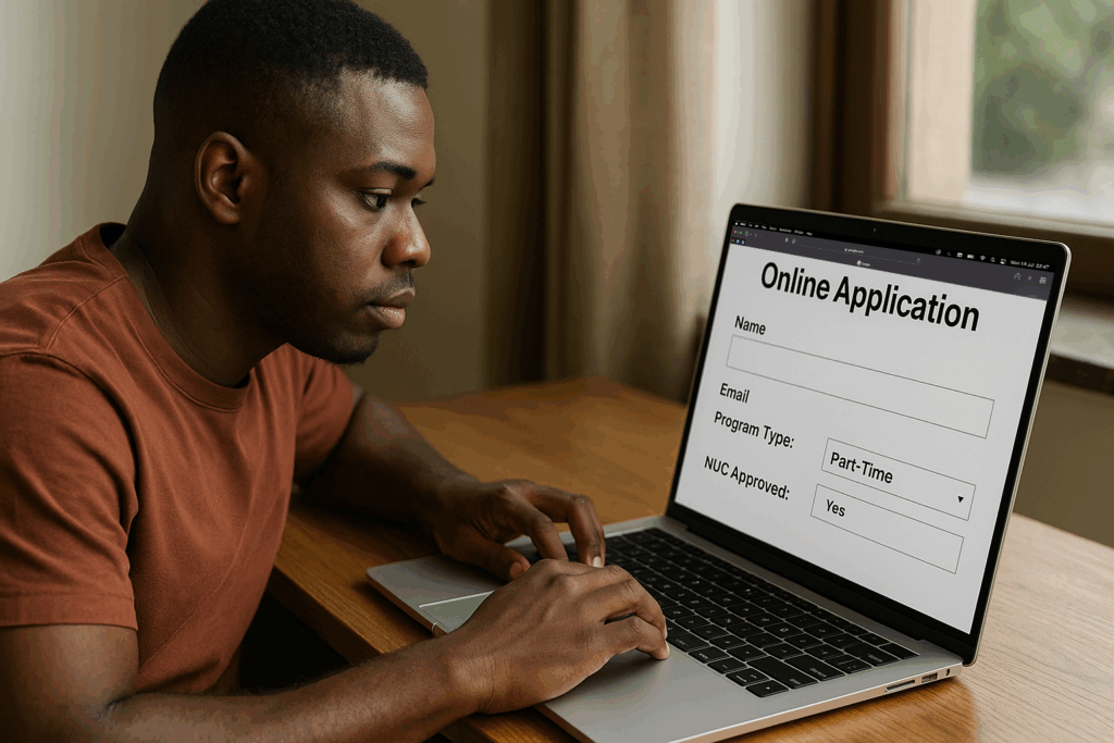 Student filling out an online application for Part-Time Degree Programs on a laptop