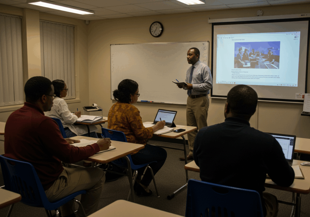 Classroom session with students and a lecturer discussing Part-Time Degree Programs
