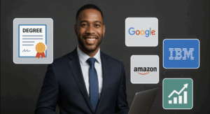 Professional holding a laptop with icons of Google, Amazon, IBM and a degree certificate showing the value of online degree recognition for career growth.