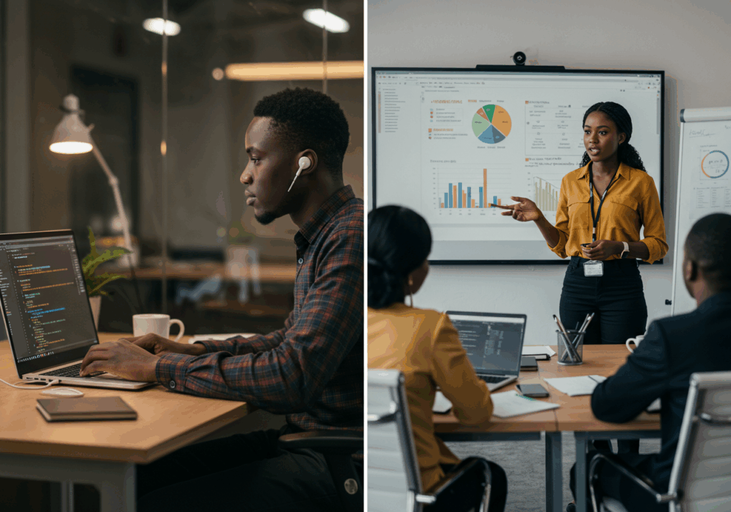 Young Nigerian professionals developing coding and data skills, reflecting top skills 2025 and digital literacy Nigeria that employers value.