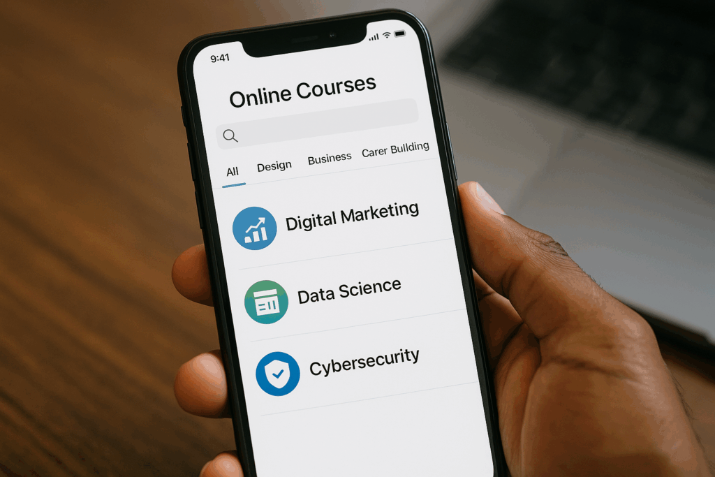 Mobile view of online courses in digital marketing, data science, and cybersecurity, showcasing high-income skills Nigeria and skills Nigerian employers want in 2025.