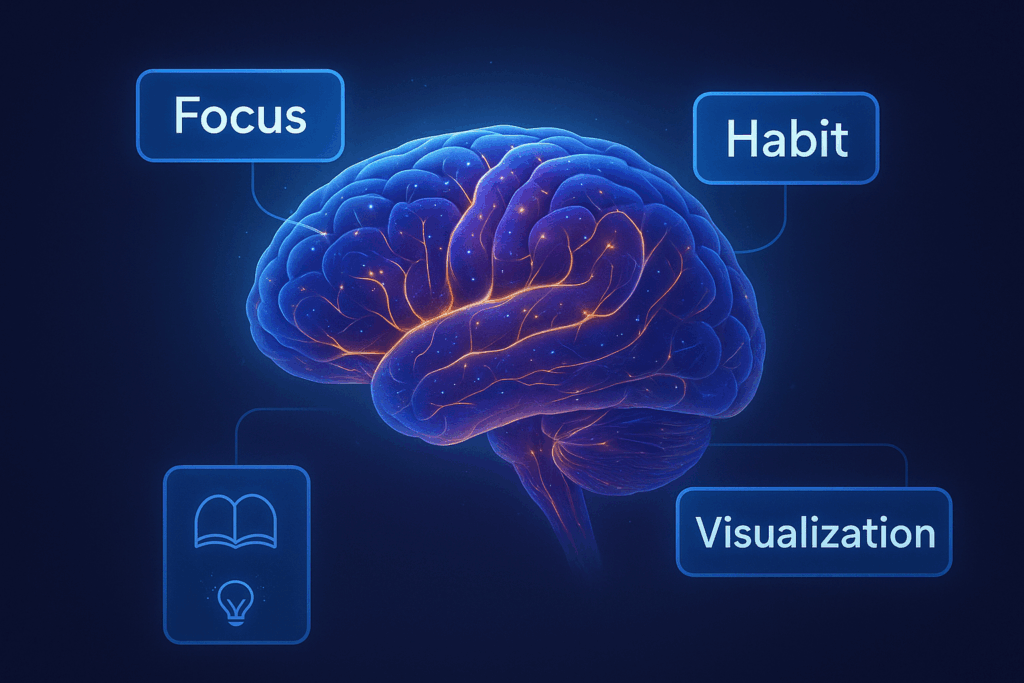 Brain visualization highlighting focus, habit, and visualization strategies to beat procrastination.