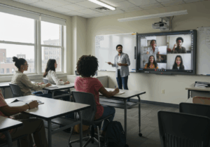 Future of Nigerian education hybrid with students learning in a classroom and others joining online.