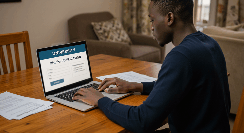 Student applying for online degree programs in Nigeria without JAMB on laptop