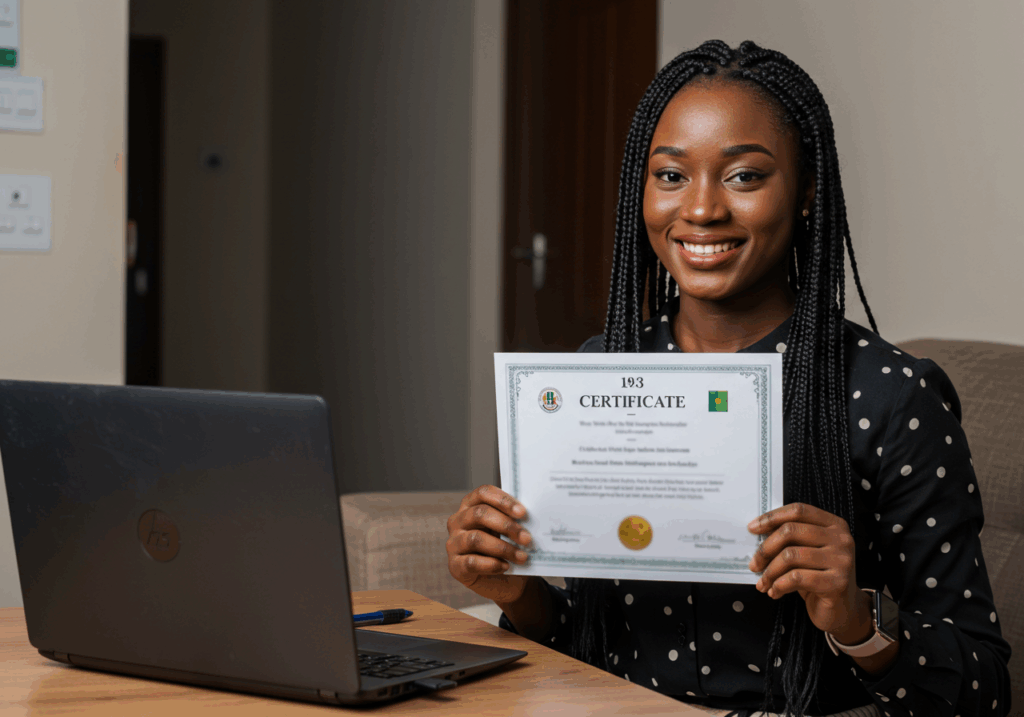 Graduate showing certificate earned through online degree programs in Nigeria without JAMB