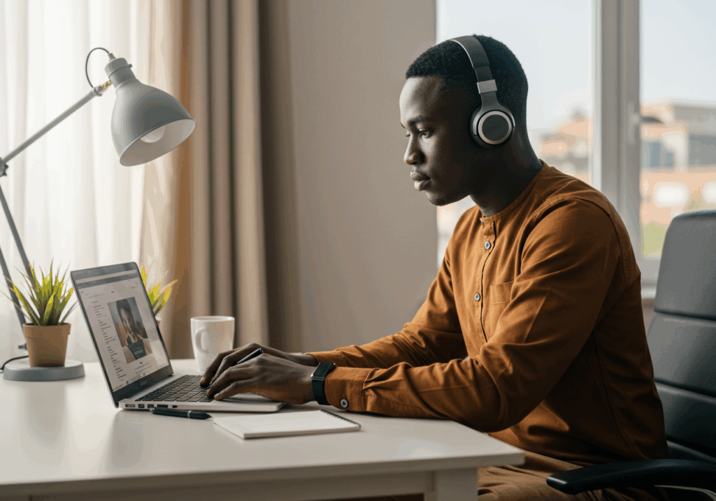 Young woman learning to code through digital learning for career change, taking notes while studying projected programming content at home.