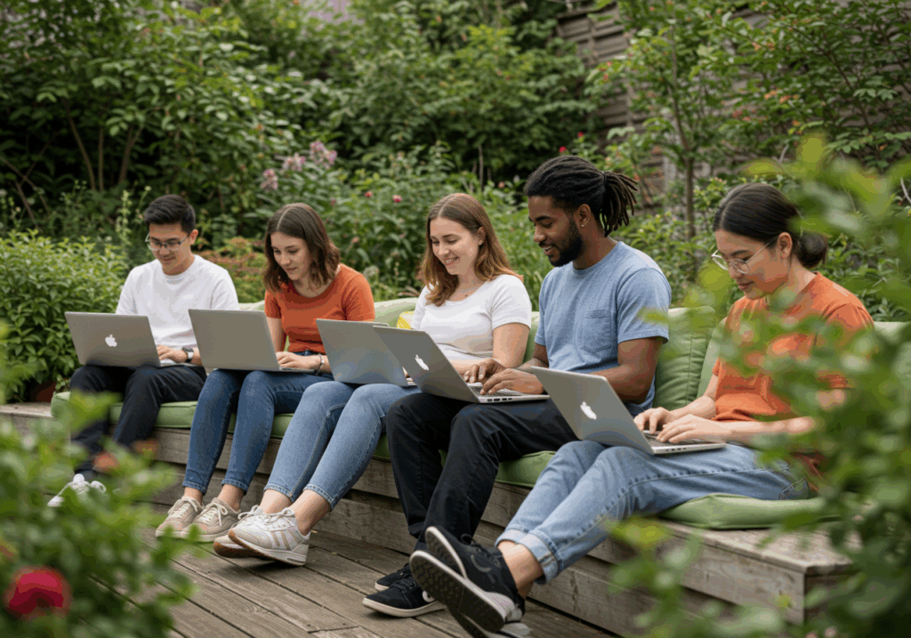 Group of learners using laptops for digital learning for career change in an outdoor collaborative study session.