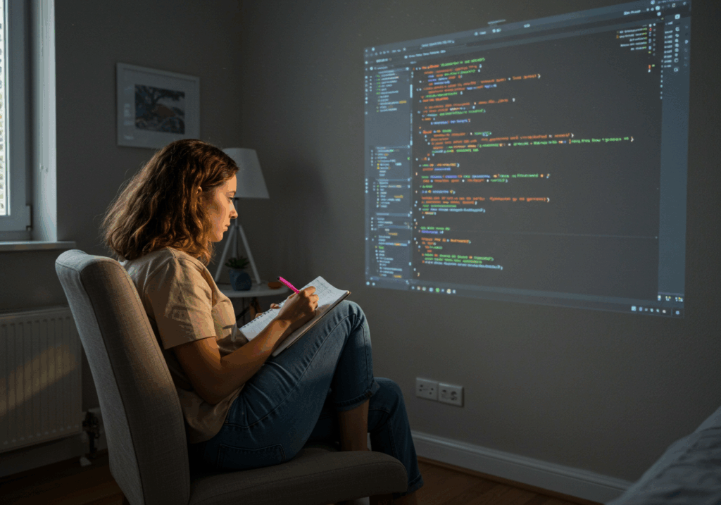 Young woman learning to code through digital learning for career change, taking notes while studying projected programming content at home.