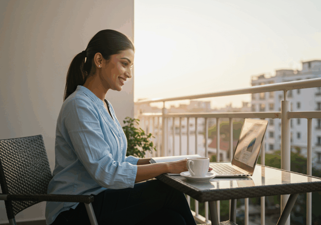 A professional sitting at a balcony table at sunrise, with a laptop open and a cup of coffee, working on an online degree program.