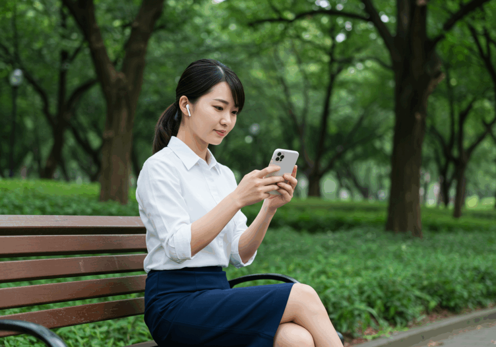 Young woman using her smartphone for online learning during a break in the park, demonstrating how to study while working full-time.\