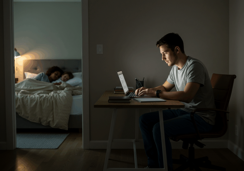 Man studying on his laptop late at night while his family sleeps in the next room, showing how to study while working full-time.