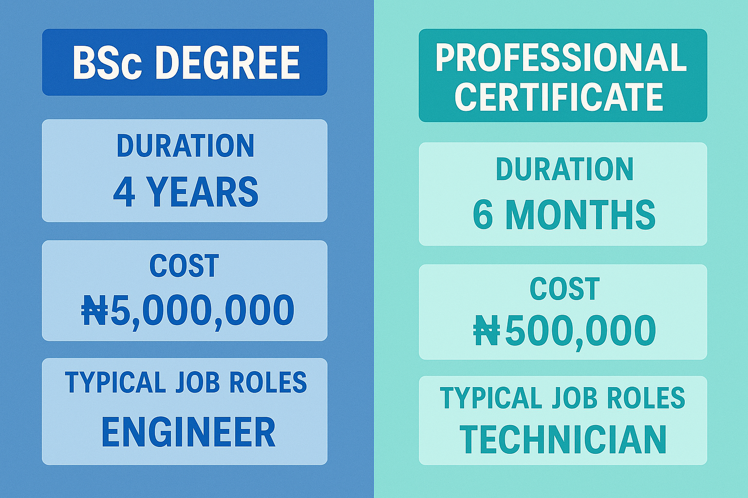Chart showing online degree vs professional certificate differences in time and cost