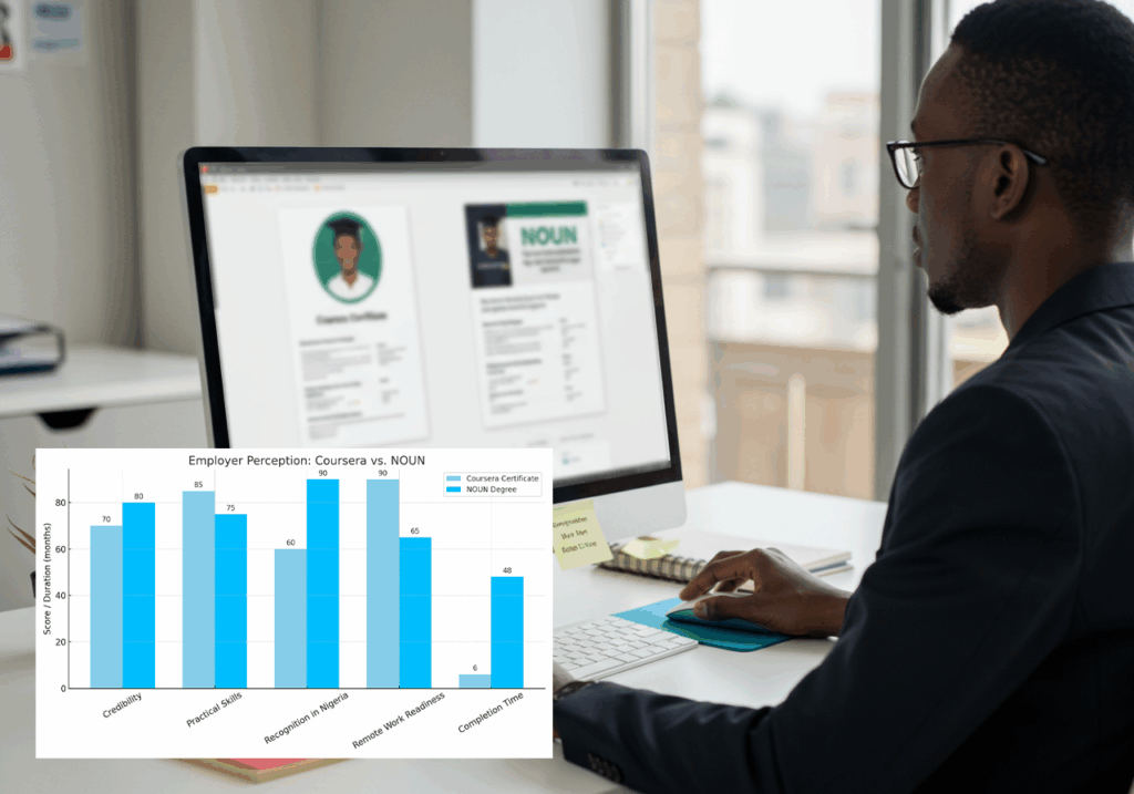 Students studying for online degree vs professional certificate using laptops