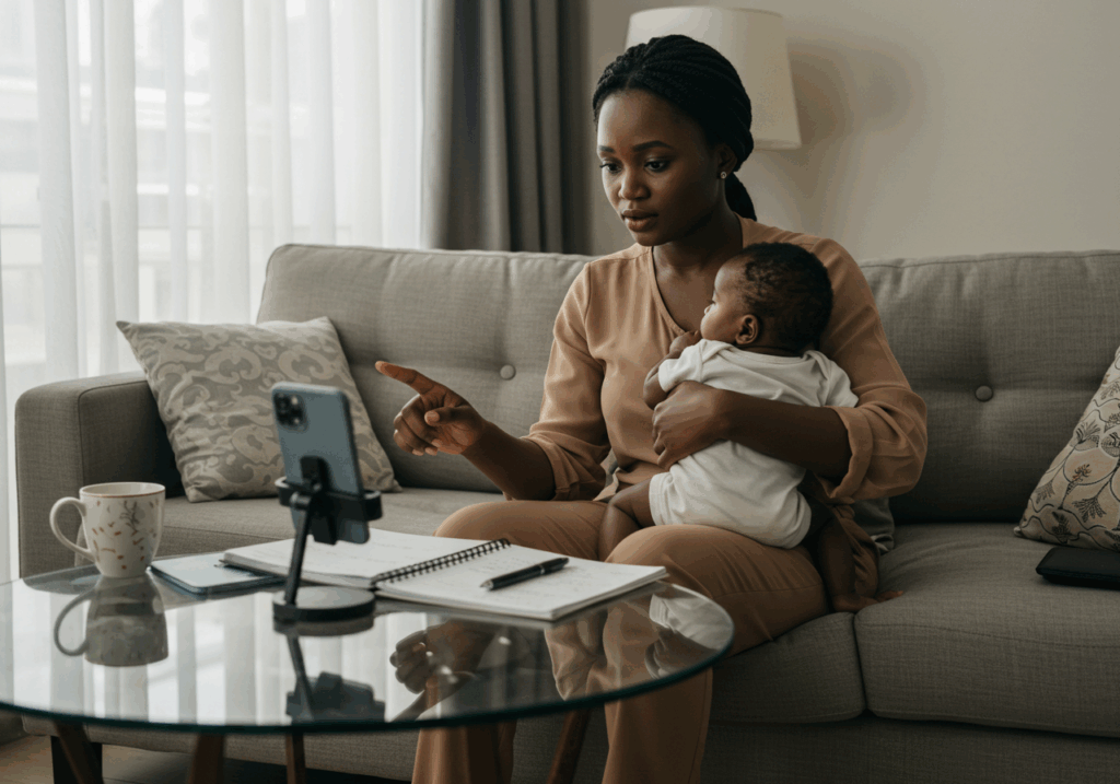 Working professional studying for accredited online degree on your phone at home