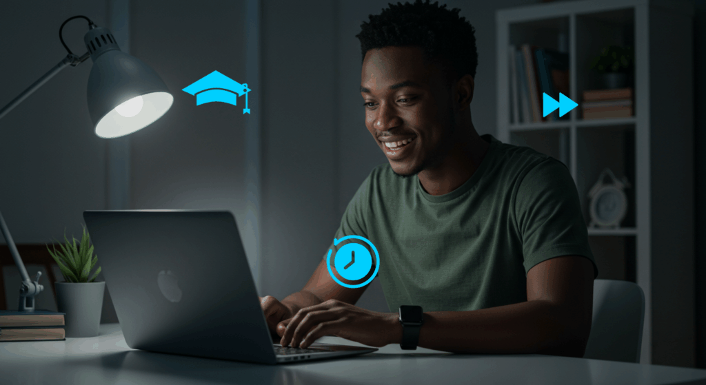 Young student studying online at night for the fastest online degree programs in Nigeria.