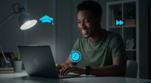 Young student studying online at night for the fastest online degree programs in Nigeria.