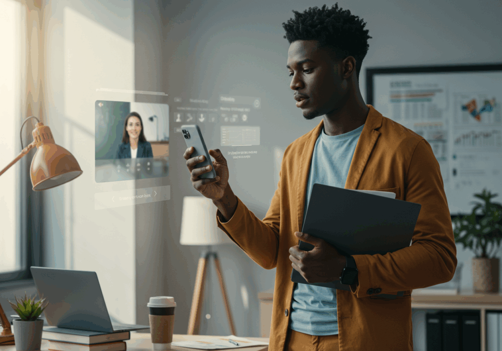 Professional accessing virtual classes through mobile for the fastest online degree programs in Nigeria.