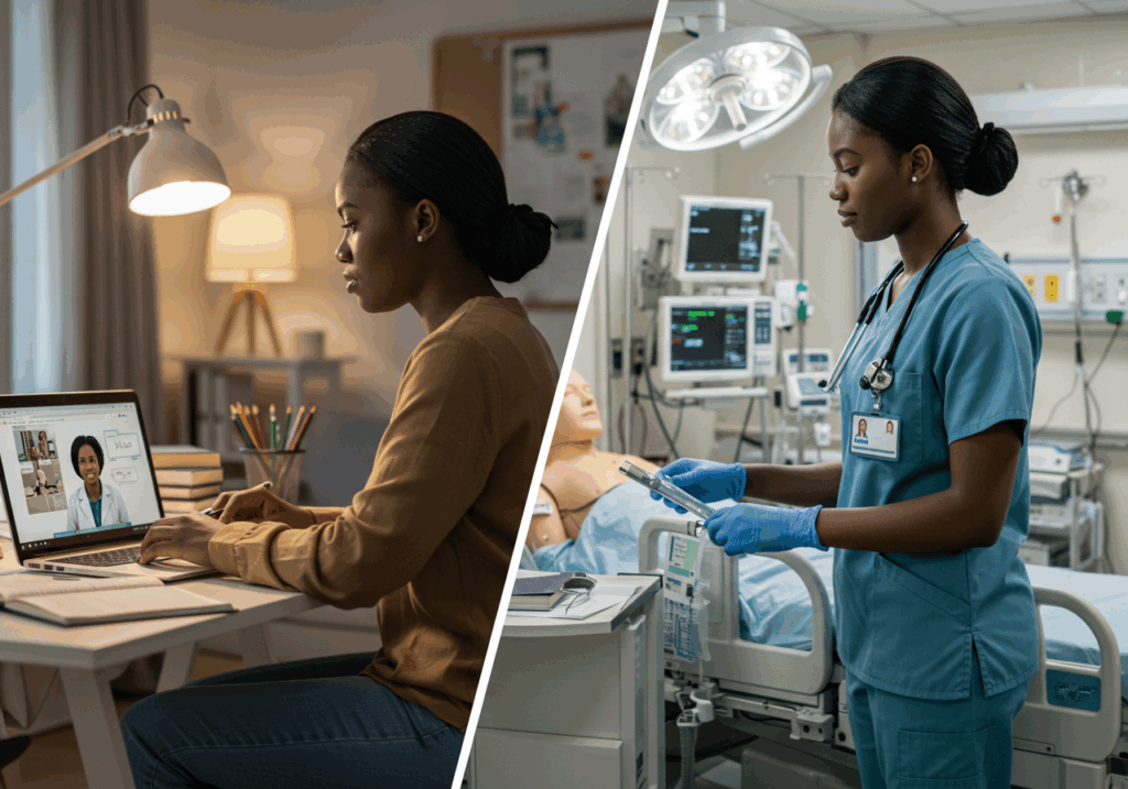 Female student studying nursing online from home and practicing in a hospital lab, showcasing Best Online Nursing Degree Programs in Nigeria.