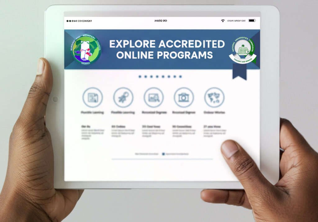 Tablet screen showing accredited online programs from Nigerian institutions, highlighting Best Online Nursing Degree Programs in Nigeria.