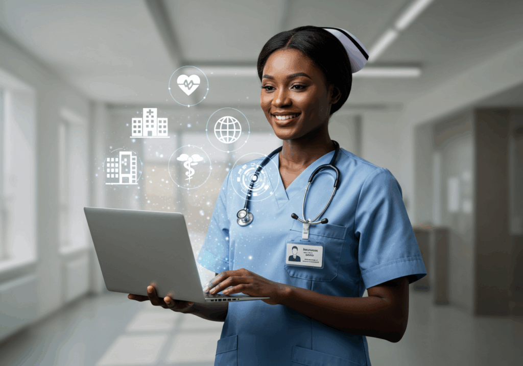 oung nurse in uniform using a laptop with digital healthcare icons, symbolizing Best Online Nursing Degree Programs in Nigeria.